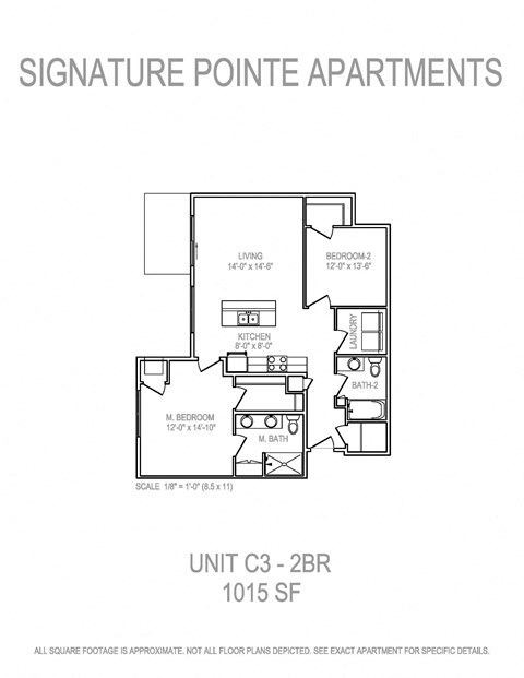Floor plan for 2 beds, 2 baths, 1015 sqft